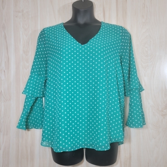 Calvin Klein Teal Polka Dot Blouse Top Sz Lg - Picture 1 of 5